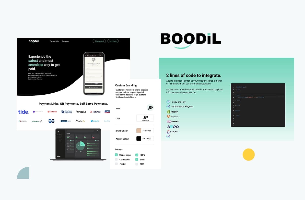 Digital payment platform interface showcasing payment links, QR payments, branding options, and integration code snippet on a split background.