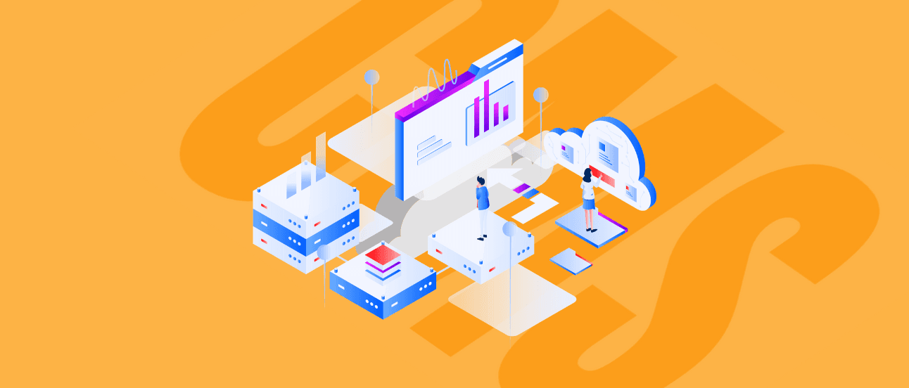 Isometric illustration of people interacting with digital data on screens, surrounded by servers and cloud symbols on an orange background.
