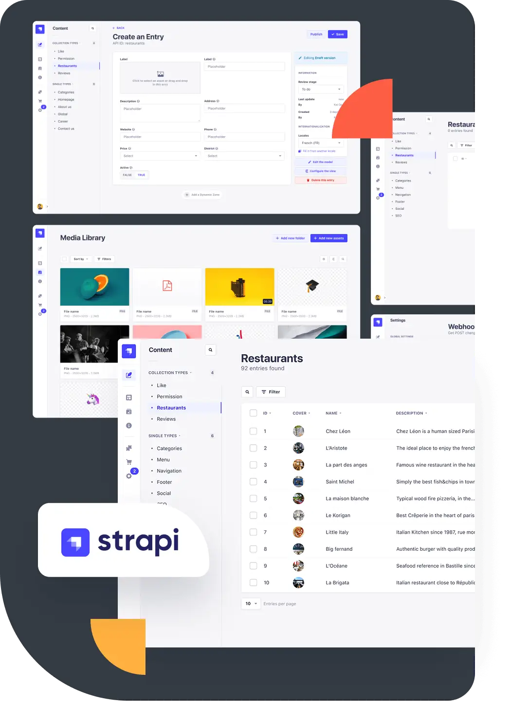 Dashboard design of a Strapi website, showcasing content management features and media library on a clean, modern UI.
