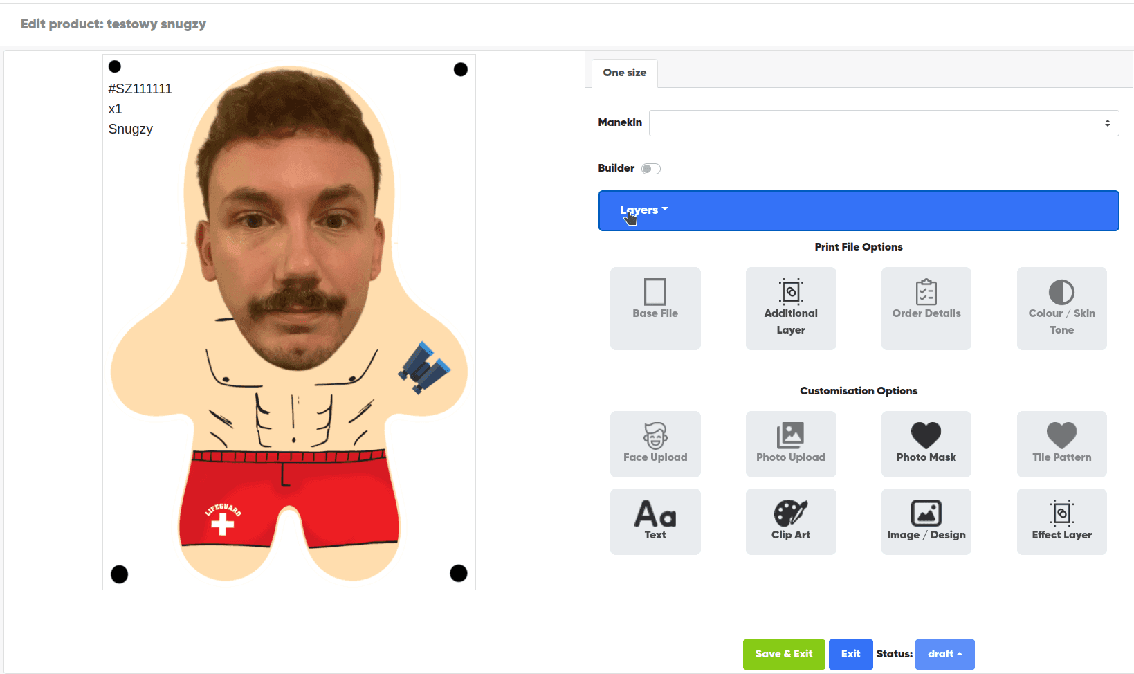 Customizable cartoon character design interface with options for layers, print, and customization on the right; character in red shorts on the left.