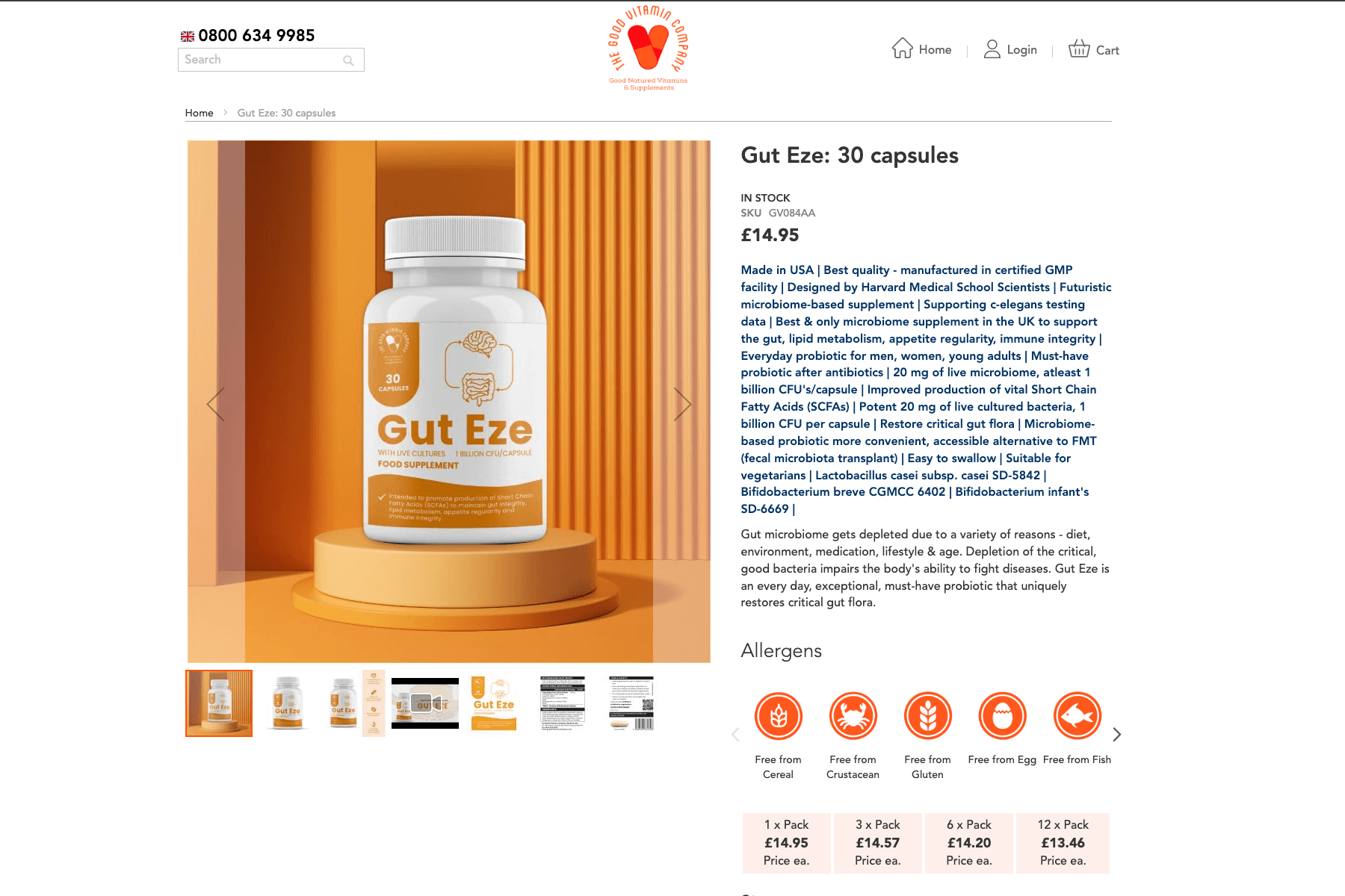 Product page for "Gut Eze: 30 capsules" featuring a bottle image, price £14.95, product details, and allergen information.
