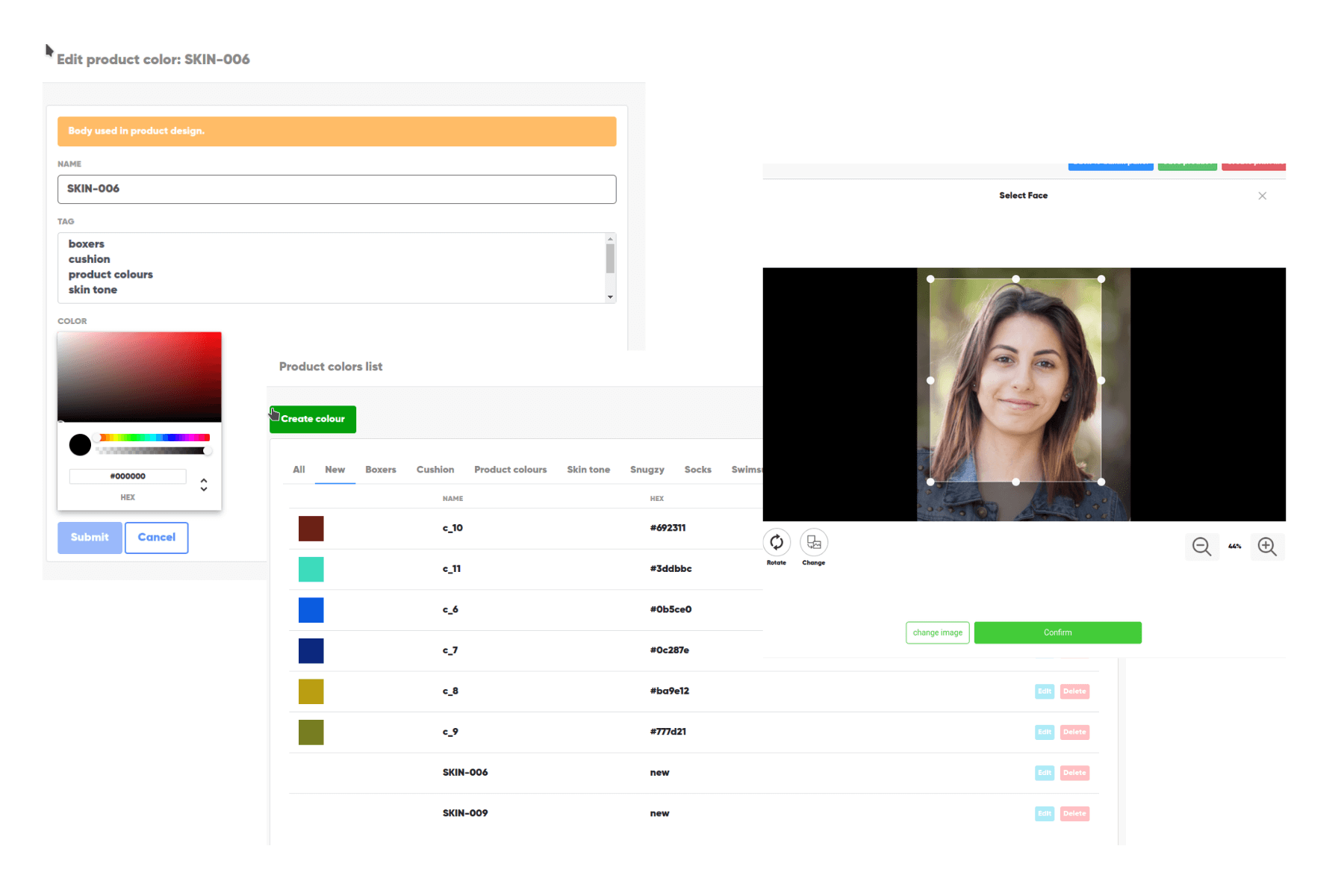 Screenshot of a design software interface showing product color options, a color palette, and an image editing tool with a woman's photo.