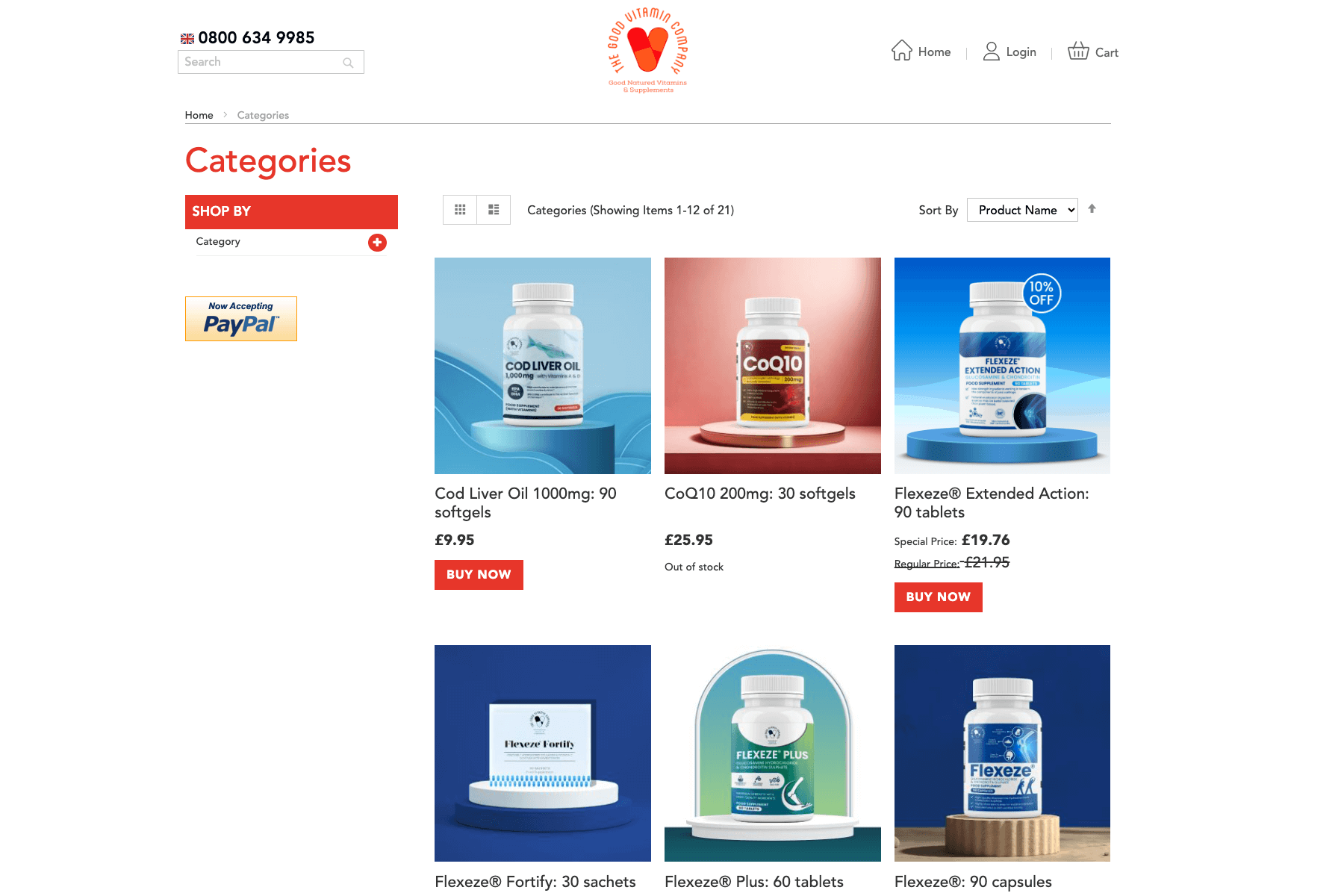 A webpage displaying various health supplements, including cod liver oil and CoQ10, with prices and "Buy Now" buttons.