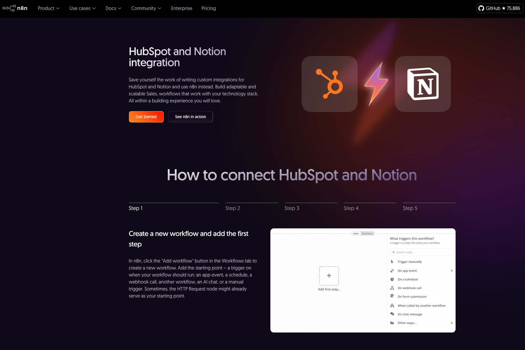 Screenshot of a webpage detailing the integration of HubSpot and Notion. It includes a step-by-step guide with a workflow example.