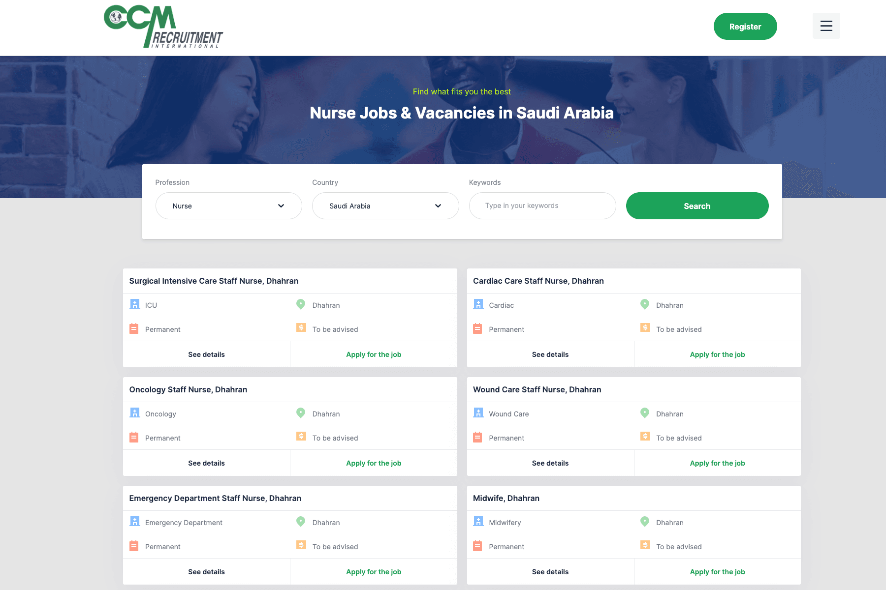 Job search webpage for nurse positions in Saudi Arabia, showing various listings with details and application options.