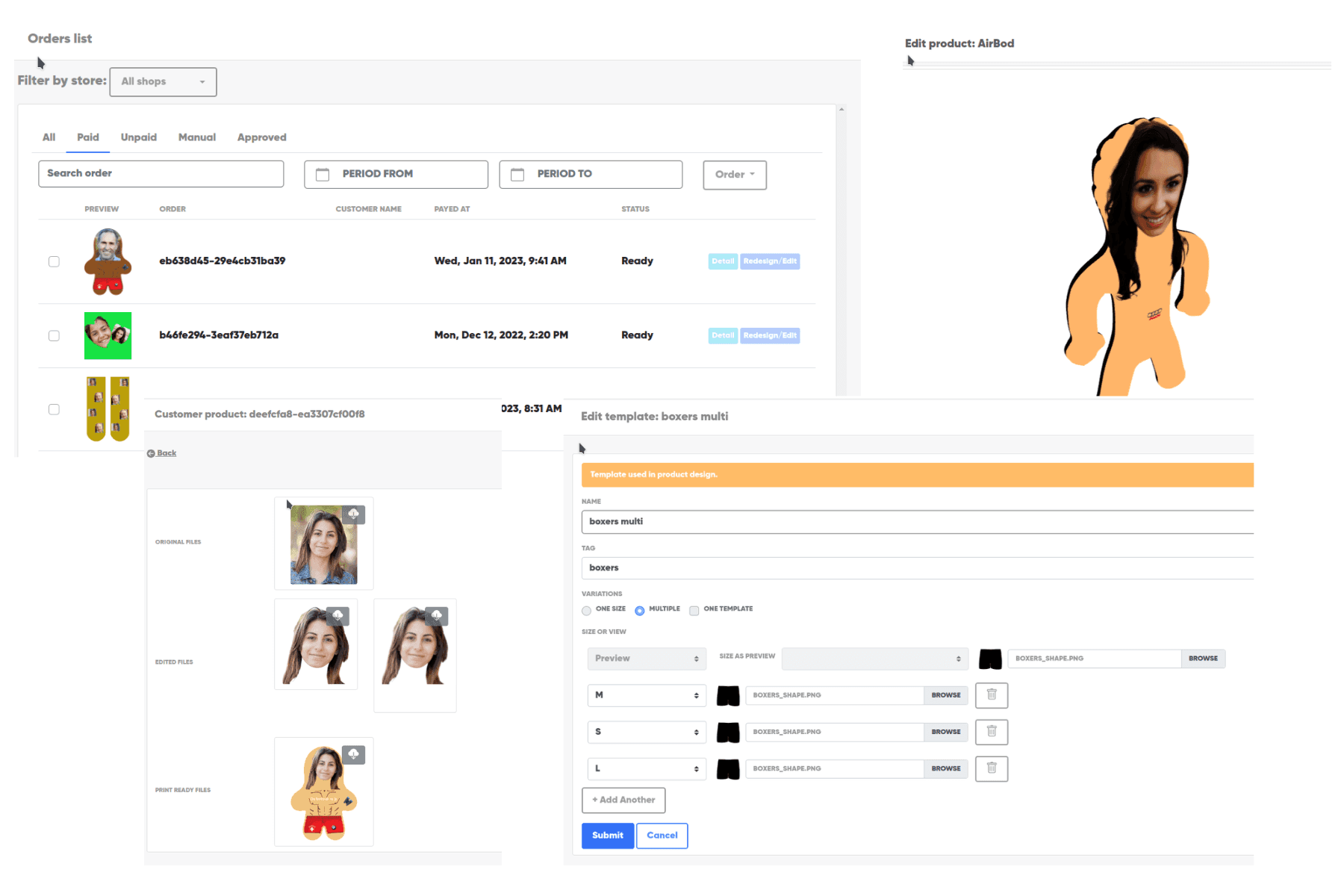 A digital interface displaying order details, product editing, and image customization with various icons and text fields.