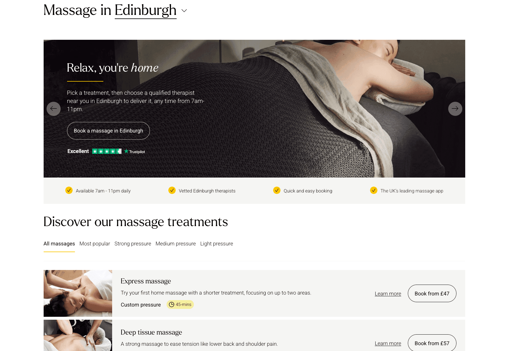 Webpage for massage services in Edinburgh, featuring booking options, treatment descriptions, and customer ratings.