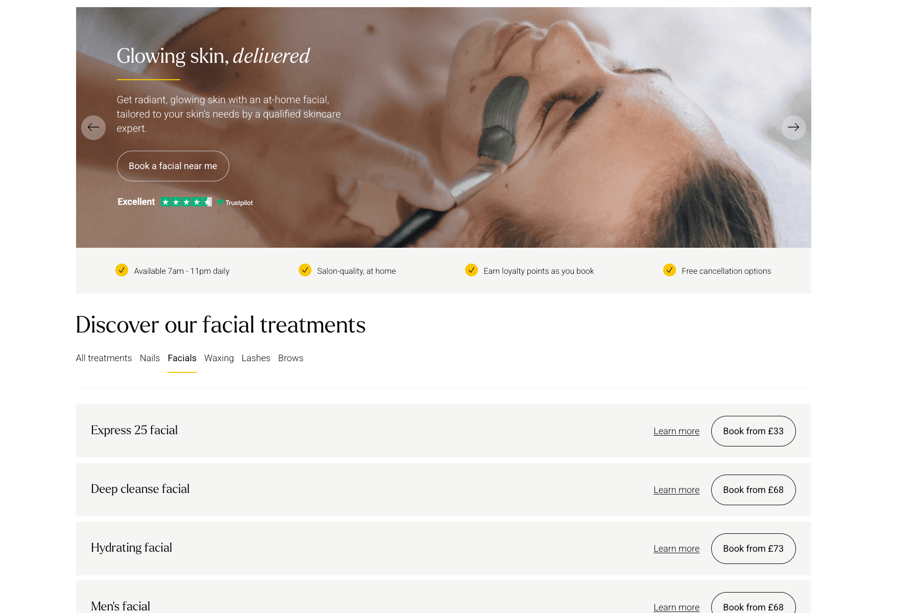 Woman receiving a facial treatment with a brush, promotional text overlay about skincare services, and a list of facial treatments with booking options.