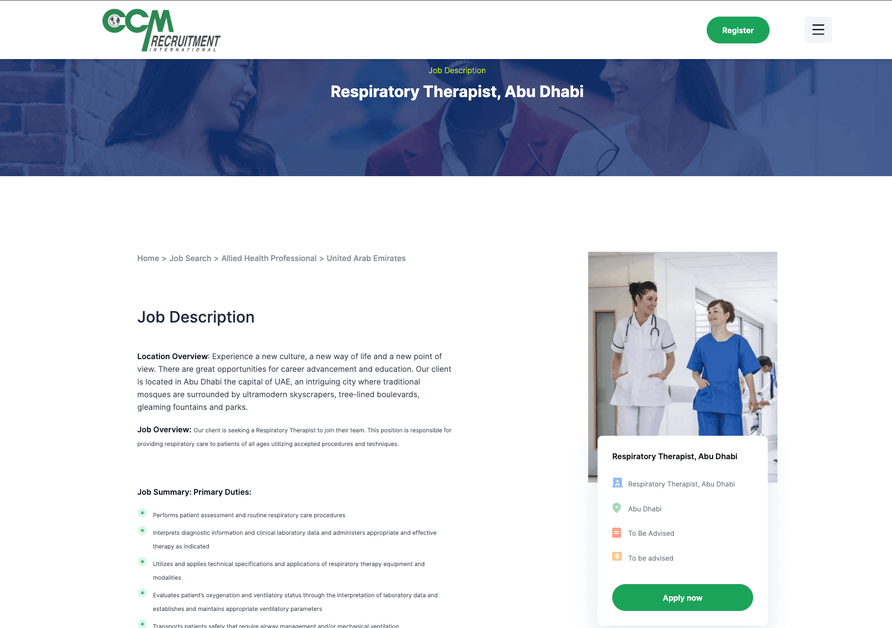 Webpage for a Respiratory Therapist job in Abu Dhabi, featuring job details and a sidebar image of healthcare professionals.