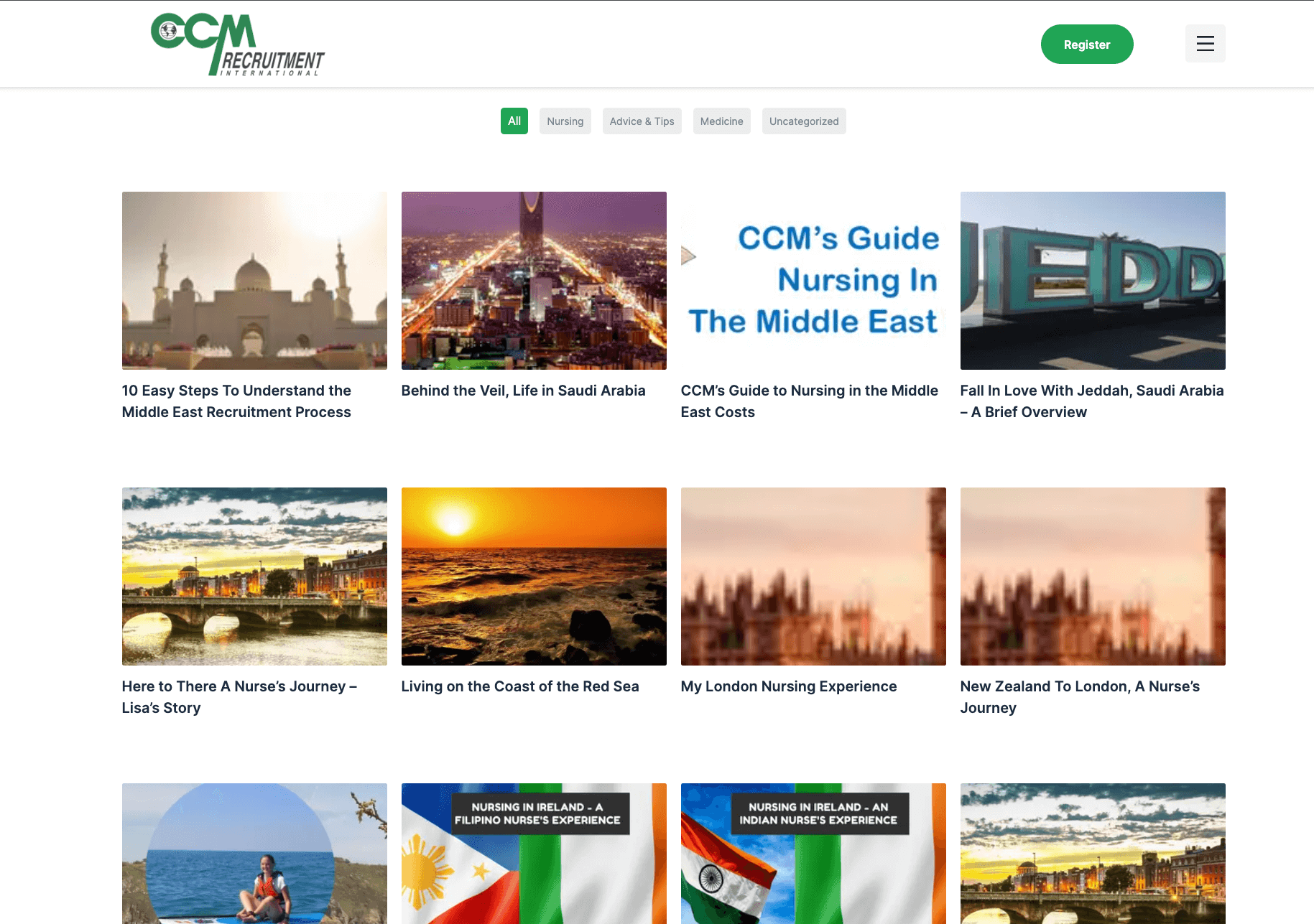 Website homepage featuring articles on nursing experiences in the Middle East, with images and titles like "10 Easy Steps" and "Behind the Veil."