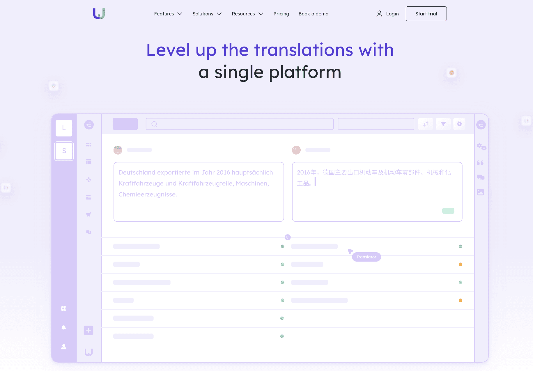 A digital platform interface for managing translations, with text boxes and navigation icons.