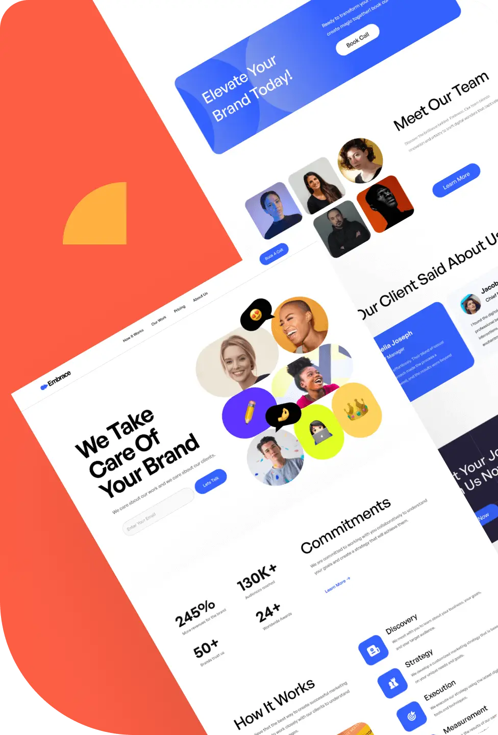 Headless development web design mockup featuring team profiles, client testimonials, and branding on a colorful layout