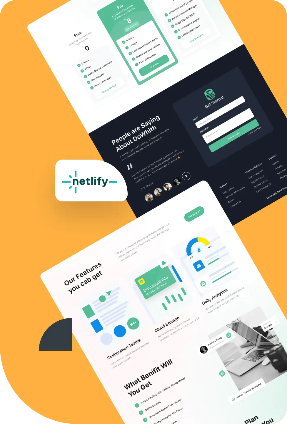 A Netlify hosted website design showcasing features, user testimonials, and a sign-up form