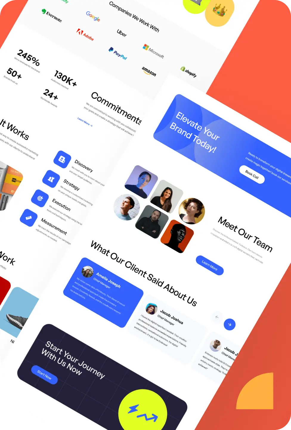 A web development agency layout showcasing team members, client testimonials, and collaboration with major companies