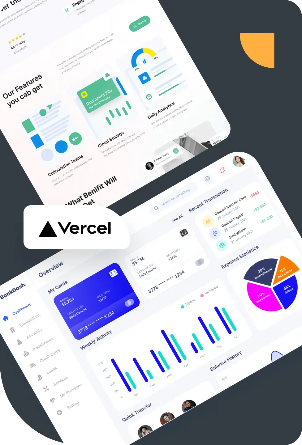 Digital Vercel hosted solutions with graphs, charts, and analytics, showcasing financial data, card transactions, and collaborative features