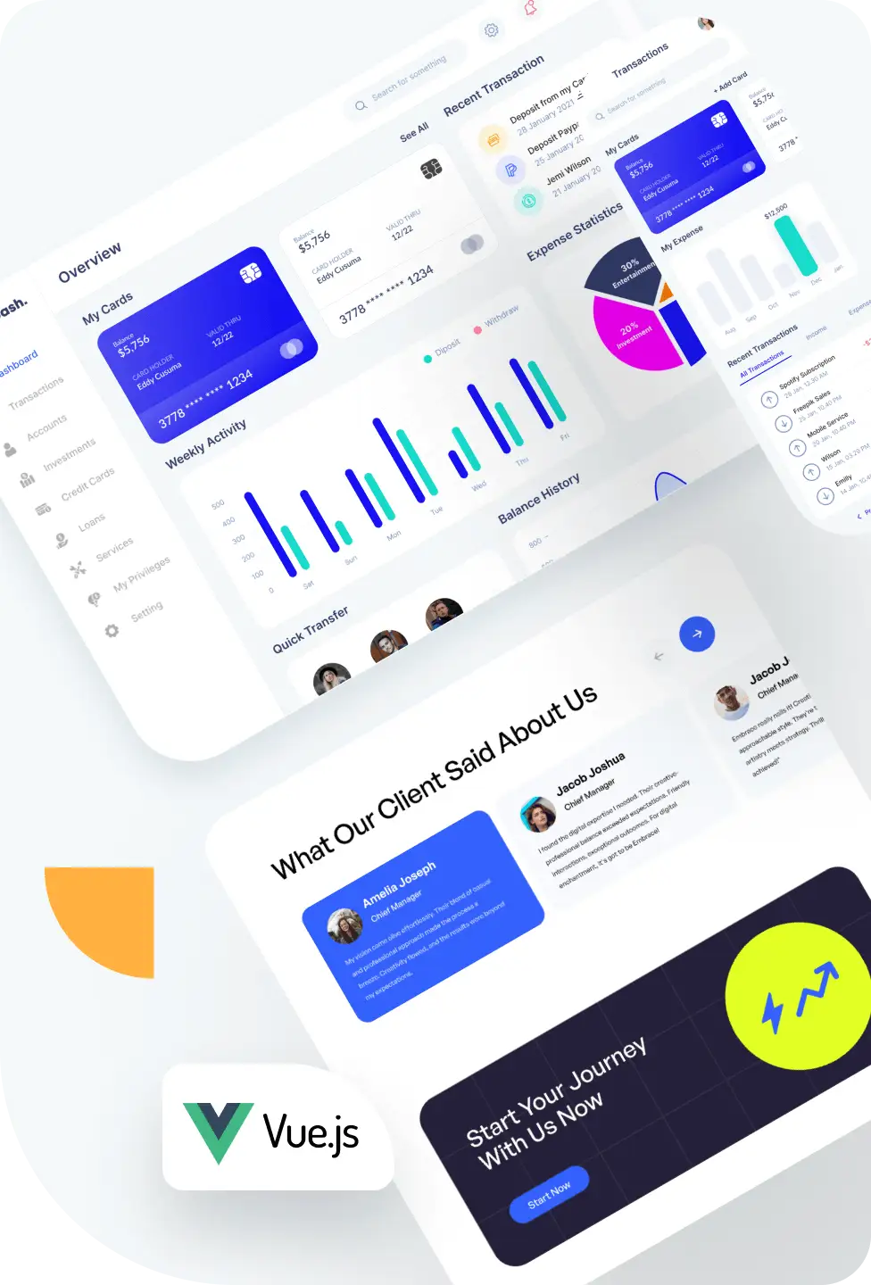 Vue.js based website with dashboard interface, charts, graphs, and testimonial section