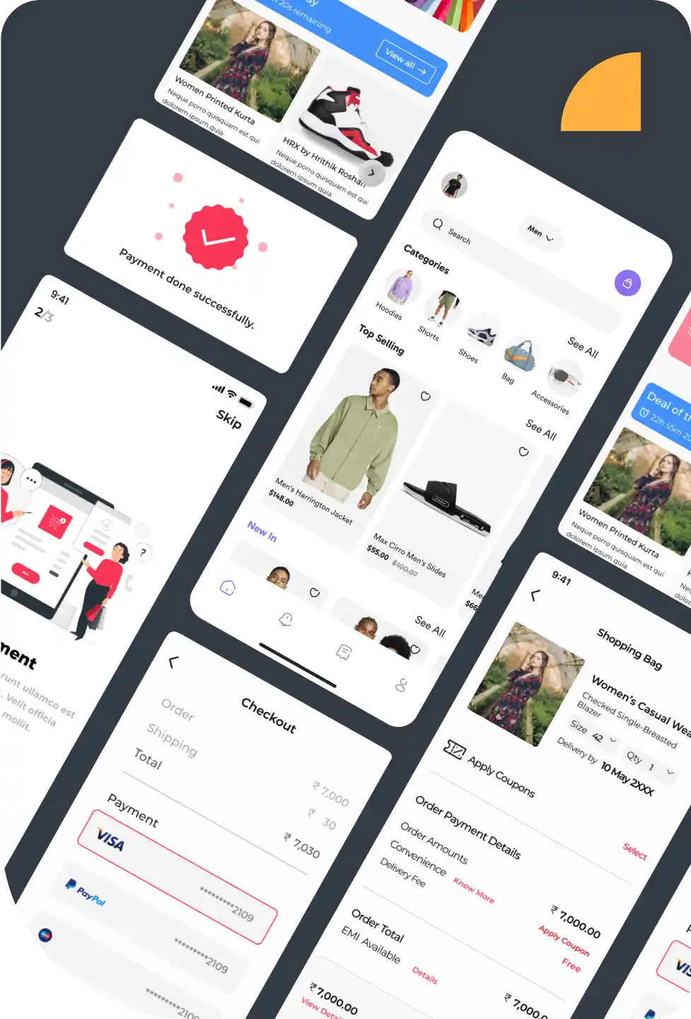 A collage of mobile app UX/UI designs showing product listings, shopping cart, and checkout process with UI elements