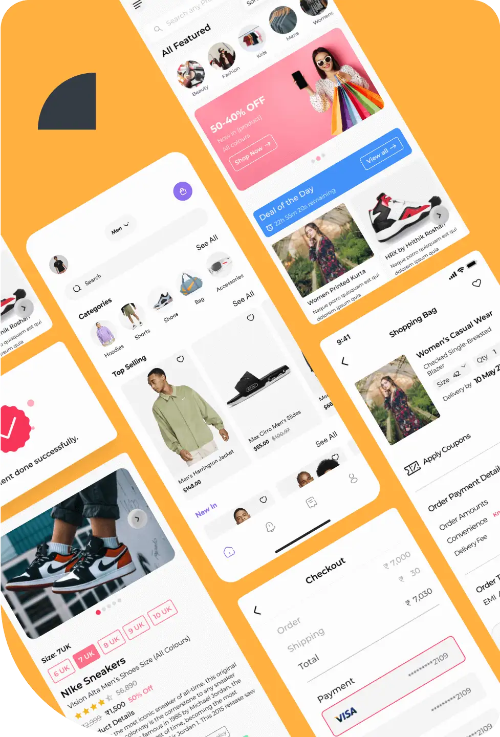 Collage of UX design screens showing categories, deals, checkout, and product listings