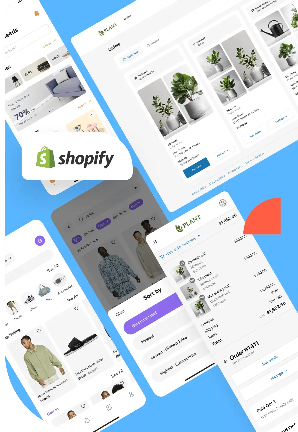 Shopify themes displaying online shopping features, including product listings, orders, and filters