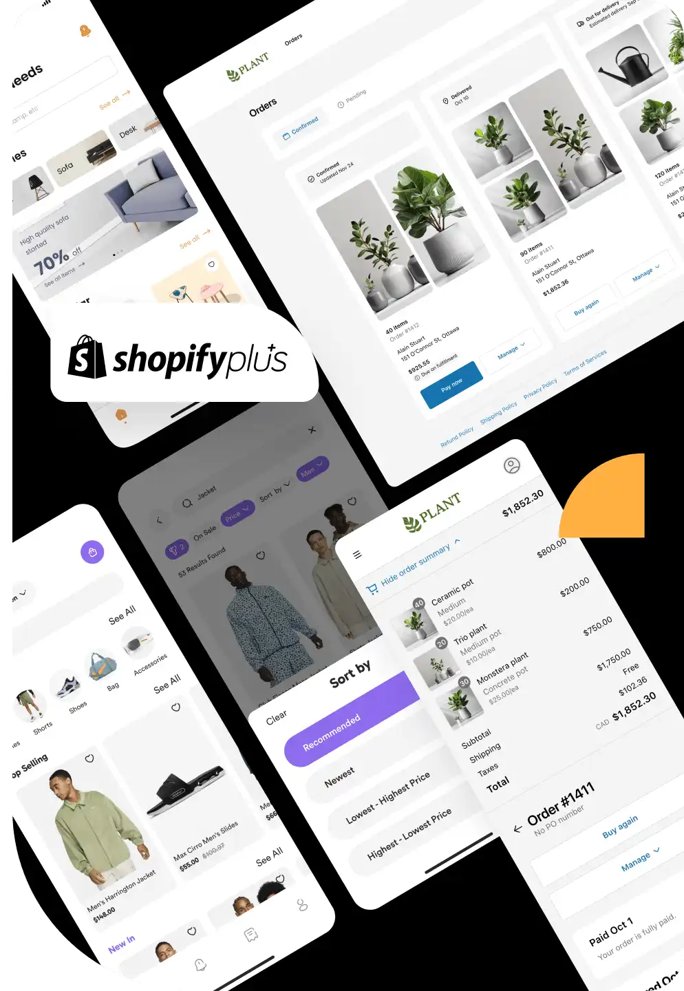 Collage of Shopify Plus screens showing an online store interface with products, orders, and sorting options