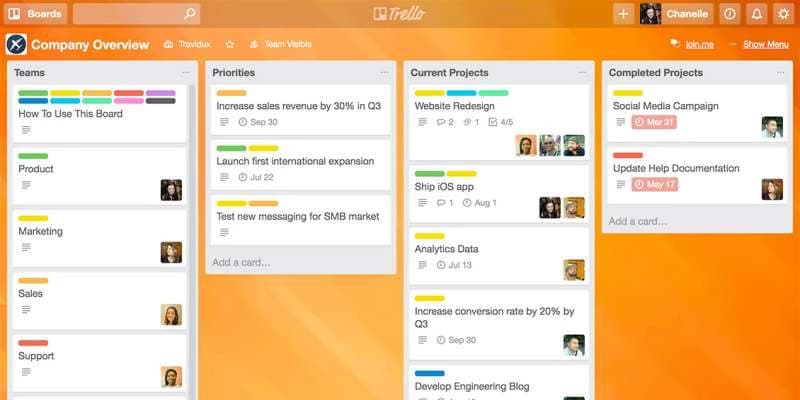 Trello board displaying teams, priorities, current projects, and completed projects, organized in columns with colorful labels.