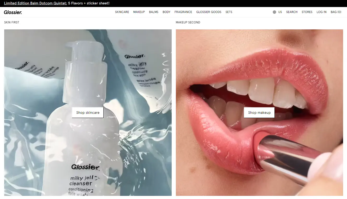 Close-up of Glossier skincare and makeup: bottle of milky jelly cleanser and person applying pink lipstick to lips.