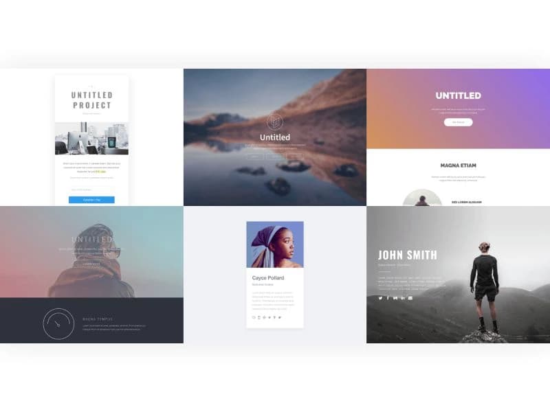 Grid of six digital templates featuring landscapes, portraits, and text sections with various color gradients and layouts.