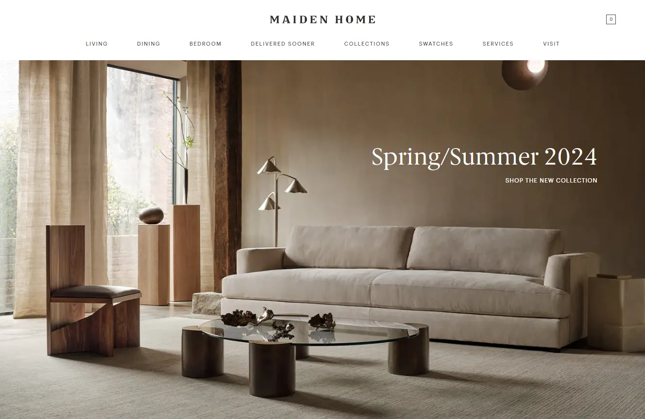 Modern living room with a beige sofa, round glass coffee table, wooden chair, and large window. Text: "Spring/Summer 2024" collection.
