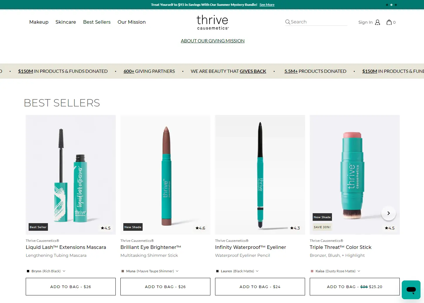 Thrive Causemetics website showing best sellers: mascara, eye brightener, eyeliner, and color stick. Options to add to bag and view details.