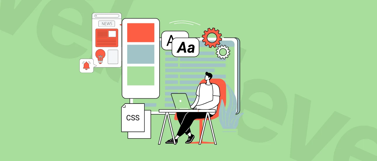 Illustration of a person at a desk with a laptop, surrounded by elements representing web design, such as CSS, text, and gears, on a green background.