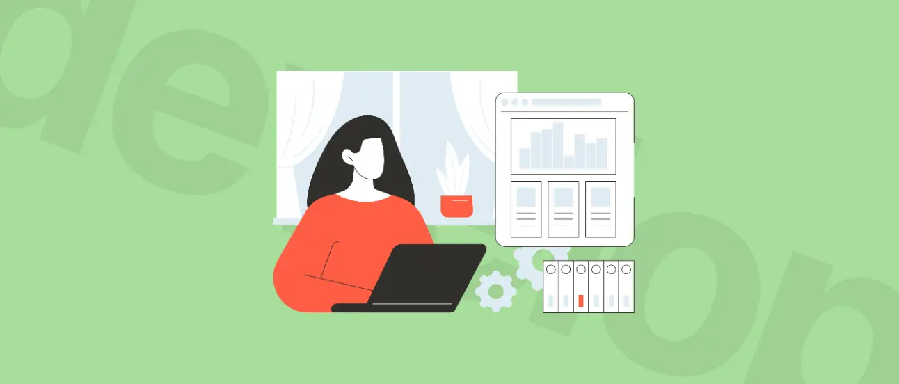 Illustration of a person working on a laptop by a window, with data charts and settings icons on a green background.