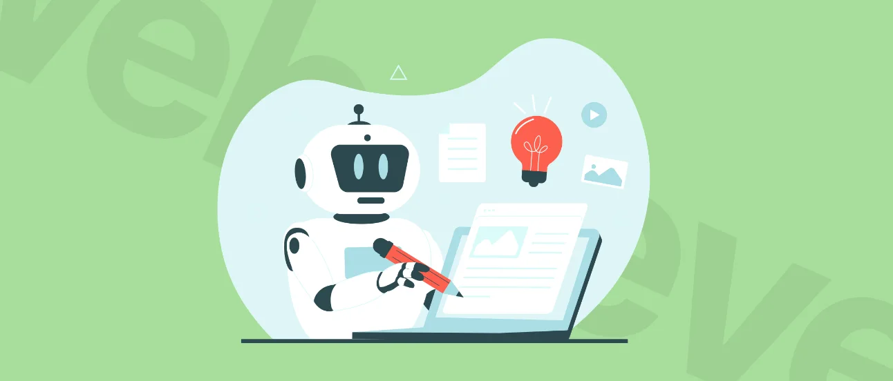A cartoon robot holding a pencil, sitting at a laptop with symbols of a light bulb and play button surrounding it, on a green background.