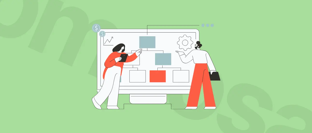 Composable architecture blogpost cover. Illustration of two people discussing a flowchart on a computer screen, with charts and gears symbolizing planning on a green background.