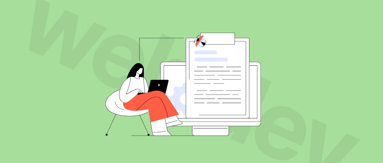 Illustration of a person with a laptop, sitting on a chair next to a large screen displaying a document. The background is light green.