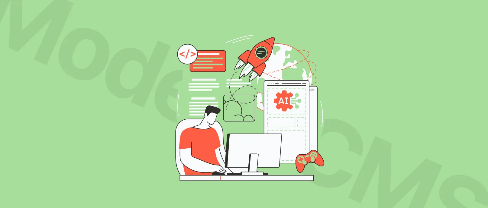 preparing your cms for ai search shifts Illustration of a person at a computer with coding elements, globe, rocket, and AI symbol on a green background.