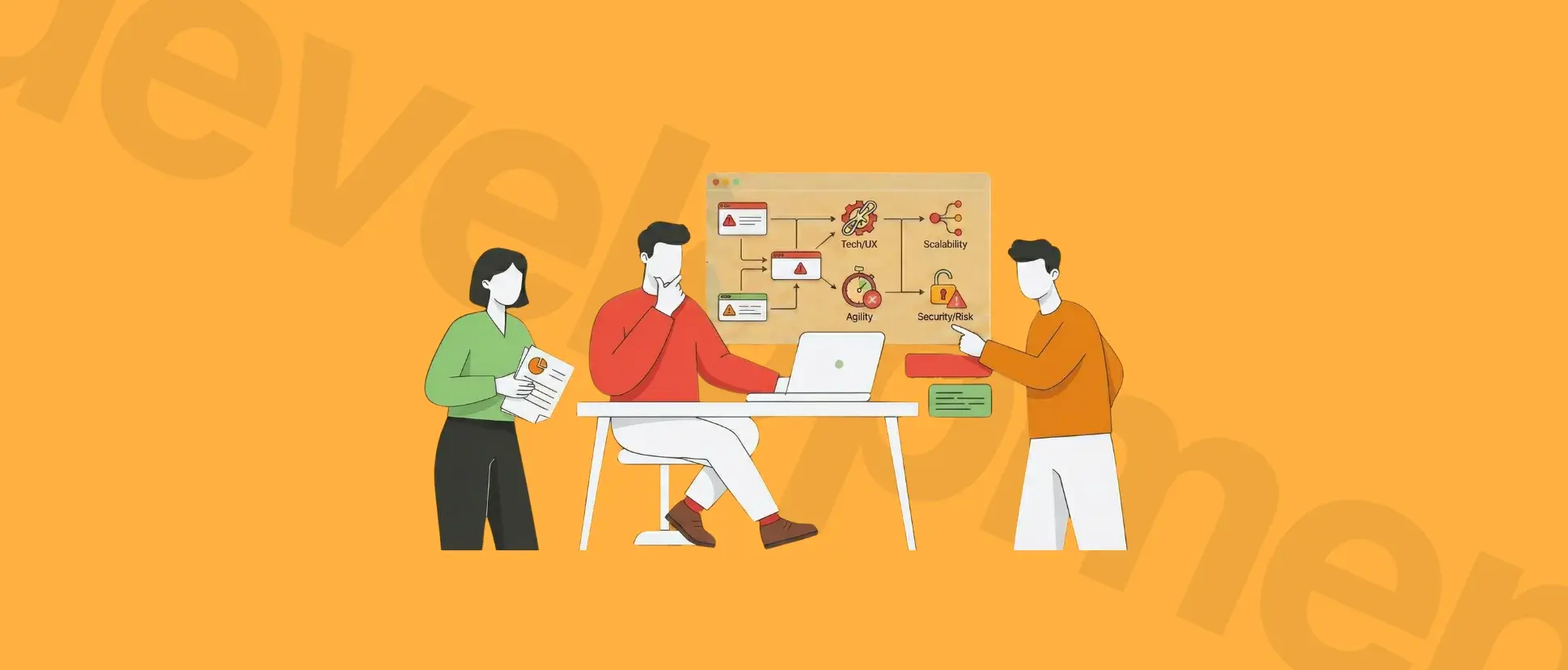 Three people discuss a project at a table with a laptop and a flowchart on a board, set against an orange background.