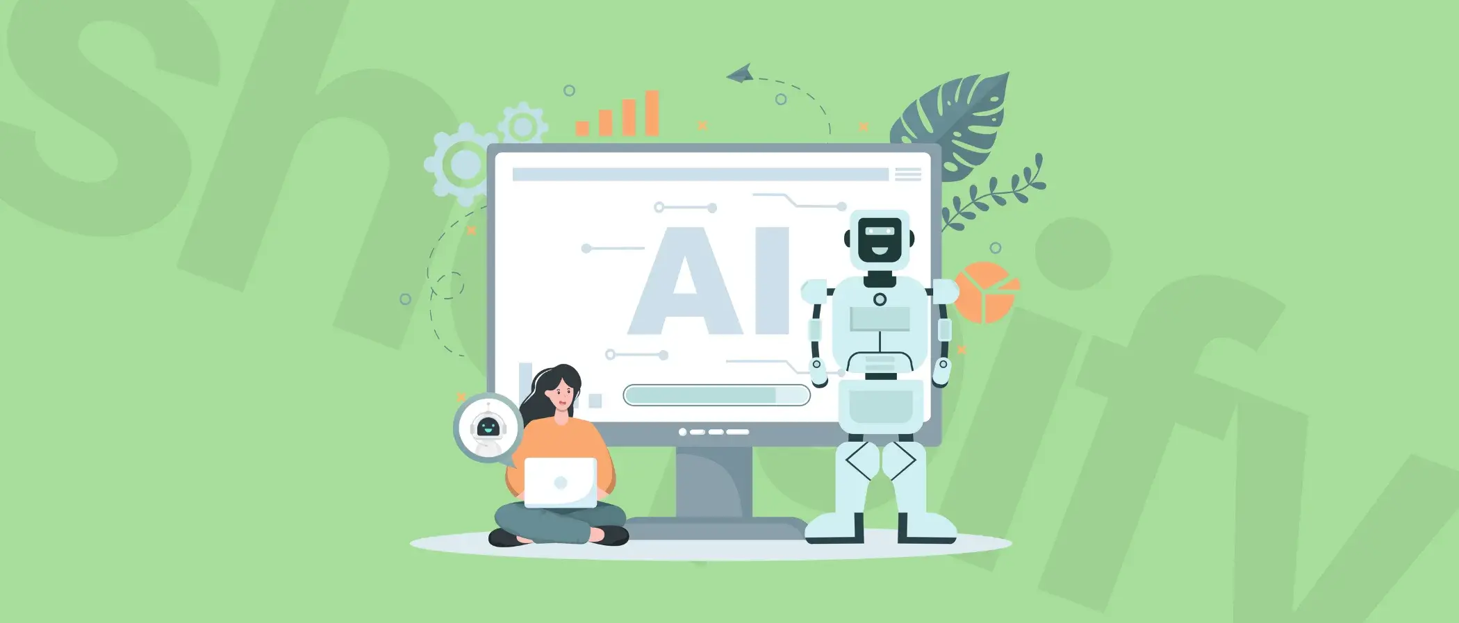 Illustration of a person with a laptop and a robot in front of a large screen displaying "AI" on a green background with tech icons.
