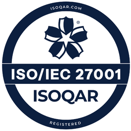 ISO/IEC 27001 ISOQAR registered logo featuring a stylized star-like flower and website URL "ISOQAR.COM" at the top.