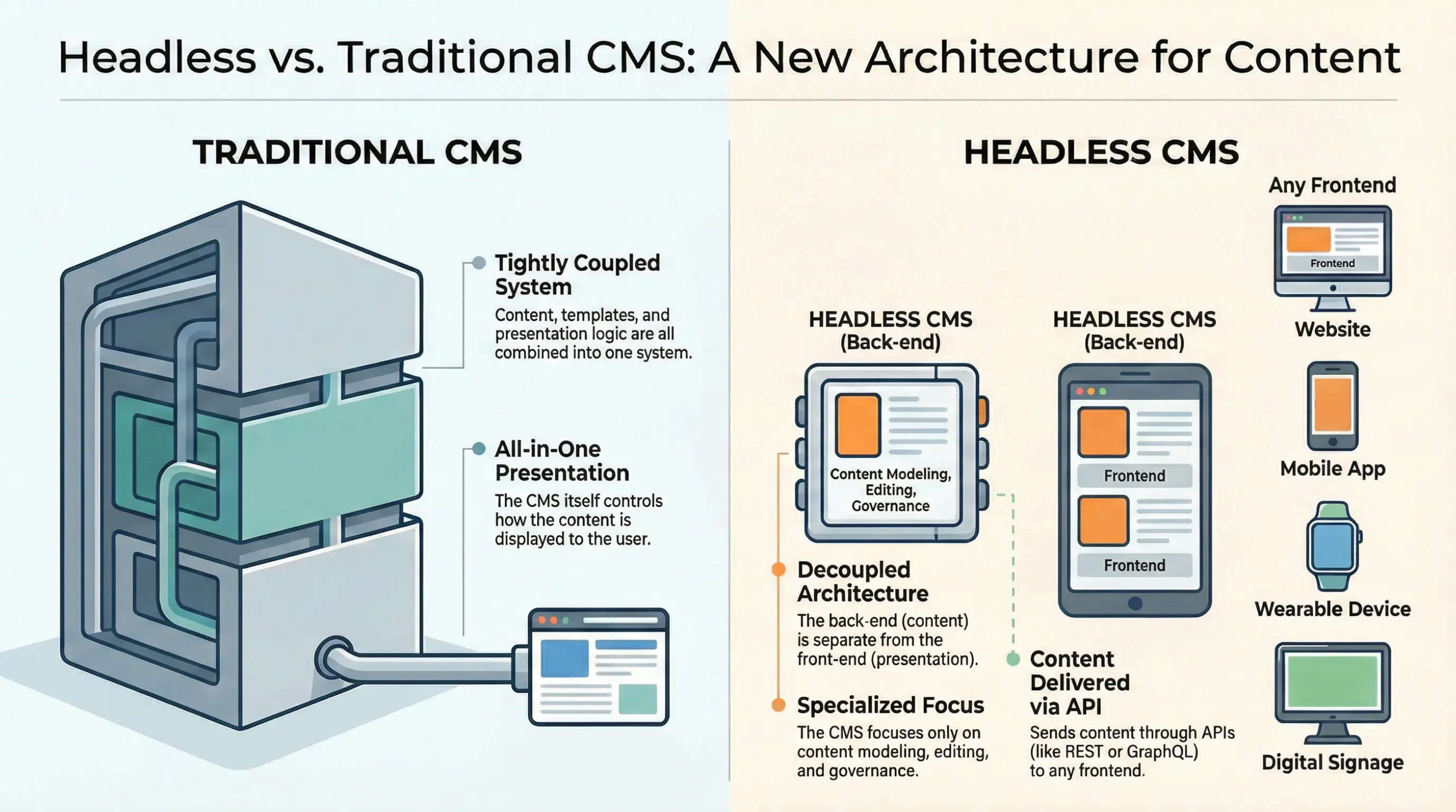 Comparison of traditional CMS with headless CMS. Traditional CMS is tightly coupled, while headless CMS is decoupled and API-driven for diverse content delivery.