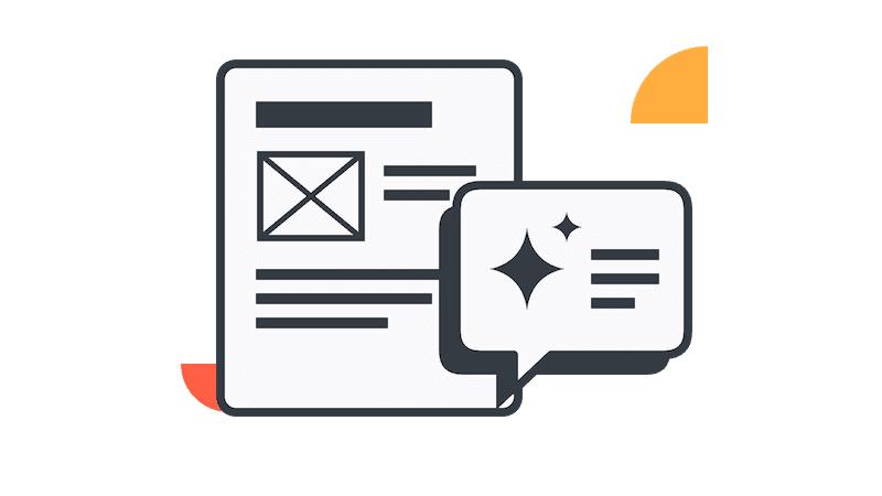 Illustration of a document with text and a speech bubble containing a star icon, surrounded by orange semicircles.